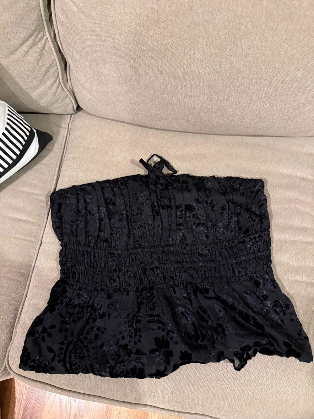 Anthropologie Black Strapless Smocked Velvet-Print Top